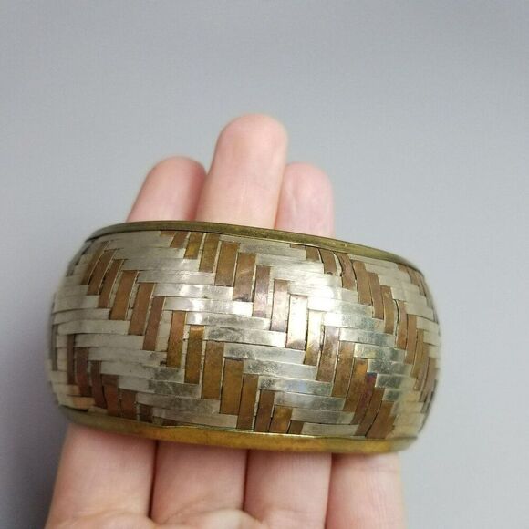 Vintage Braided Woven Mixed Metal Wide Bangle Bracelet, Striped Pattern, Estate - Picture 5 of 6